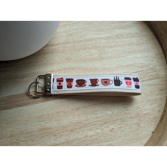 Coffee Cup Keychain Wristlet Feather Boho Fabric Key Ring FOB Espresso Gift Item - Picture 4 of 7